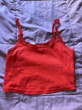 UO Red Ribbed Crop Tank with Lace Trim